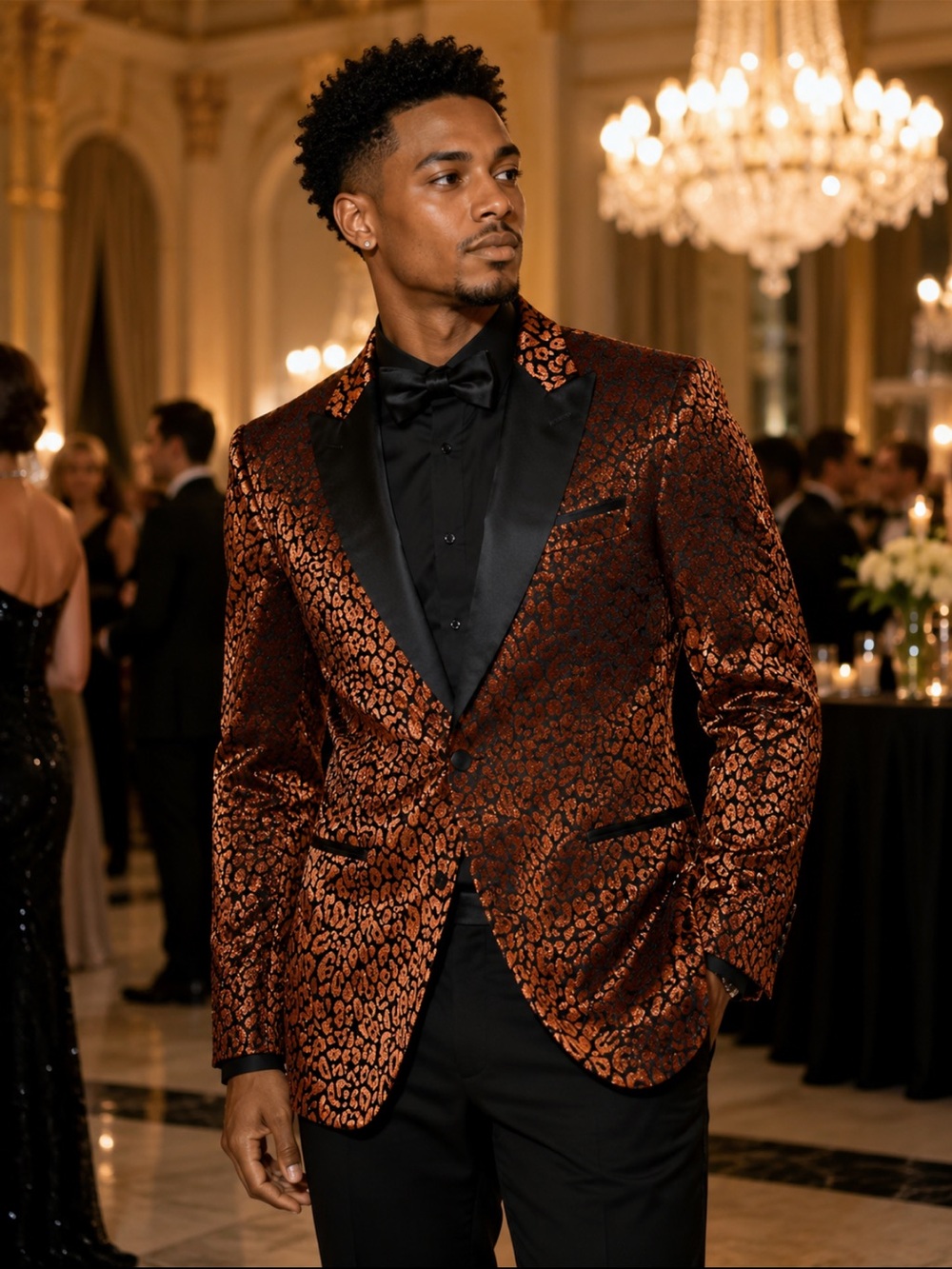 Mehmet Emin Teke  Copper Leopard-Pattern Velvet Blazer